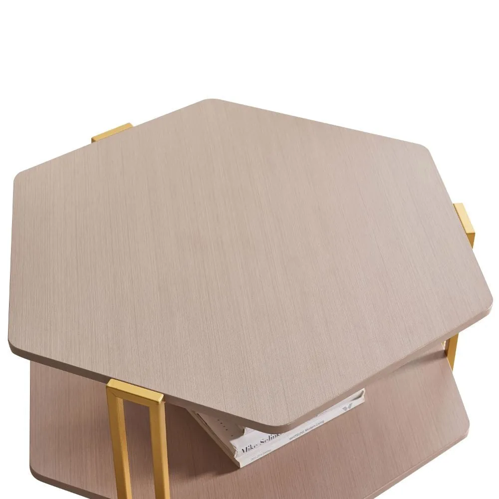 36 Inch Hexagonal Modern Coffee Table, Wood Top and Shelf, Gold Metal Legs By The Urban Port