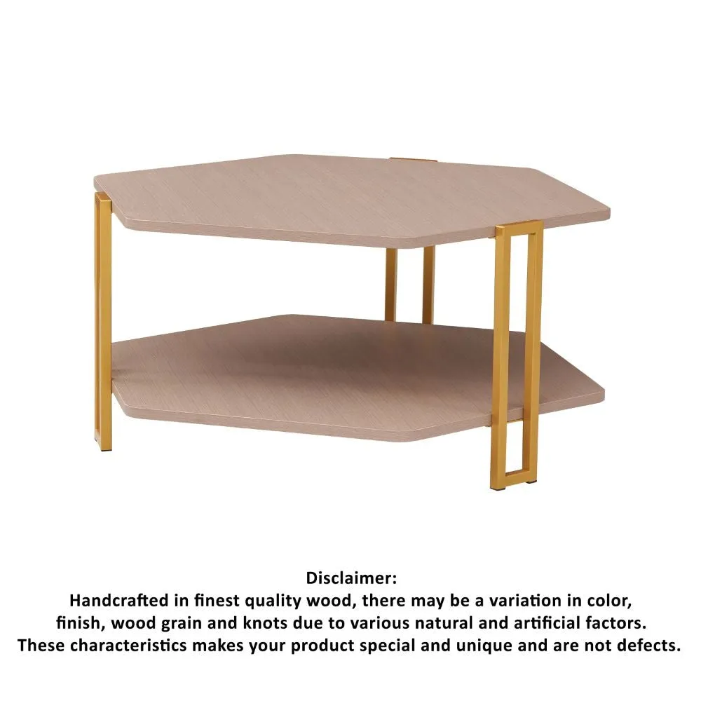 36 Inch Hexagonal Modern Coffee Table, Wood Top and Shelf, Gold Metal Legs By The Urban Port