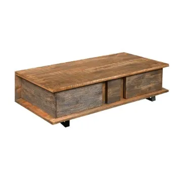 48 Inch Handcrafted Rectangular Coffee Table with 2 Drawers, Black Iron Sled Base, Rustic Natural Brown By The Urban Port