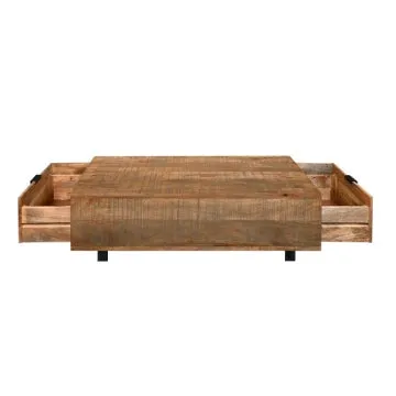 48 Inch Handcrafted Rectangular Coffee Table with 2 Drawers, Black Iron Sled Base, Rustic Natural Brown By The Urban Port