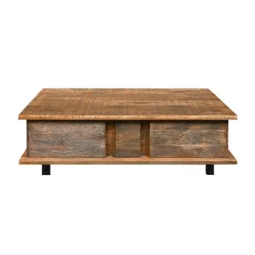 48 Inch Handcrafted Rectangular Coffee Table with 2 Drawers, Black Iron Sled Base, Rustic Natural Brown By The Urban Port