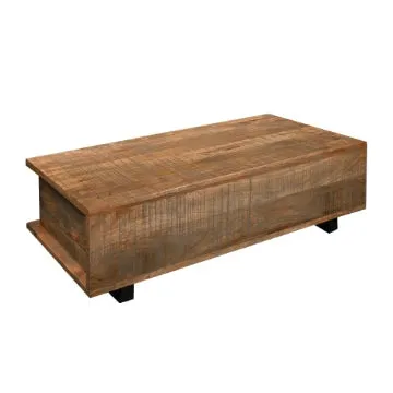 48 Inch Handcrafted Rectangular Coffee Table with 2 Drawers, Black Iron Sled Base, Rustic Natural Brown By The Urban Port