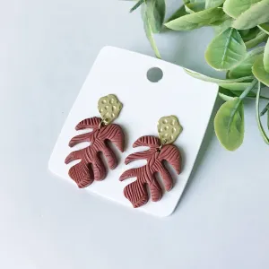 Alani:: Textured Tropical Monstera Leaf Polymer Clay Earrings w/Brass Post