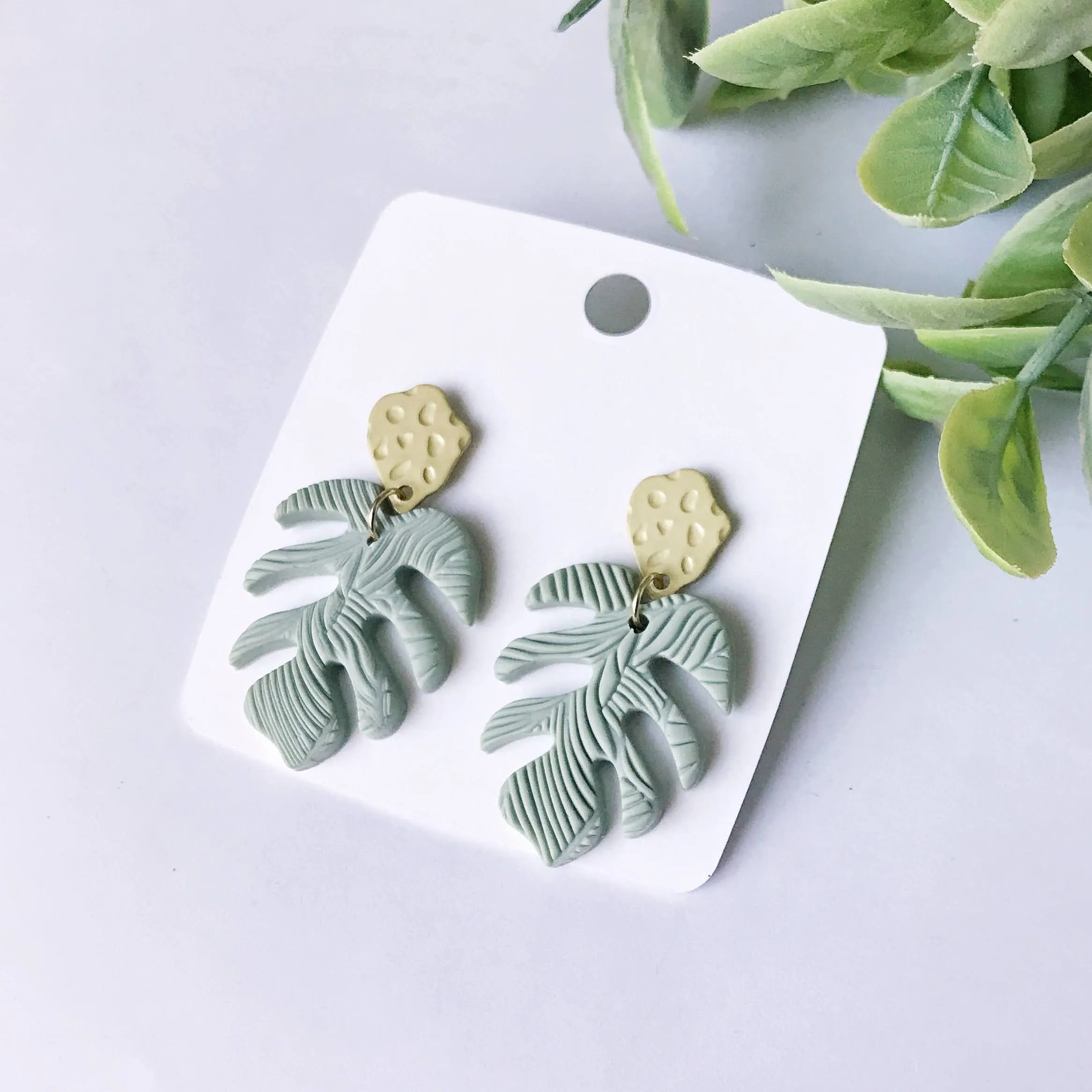 Alani:: Textured Tropical Monstera Leaf Polymer Clay Earrings w/Brass Post