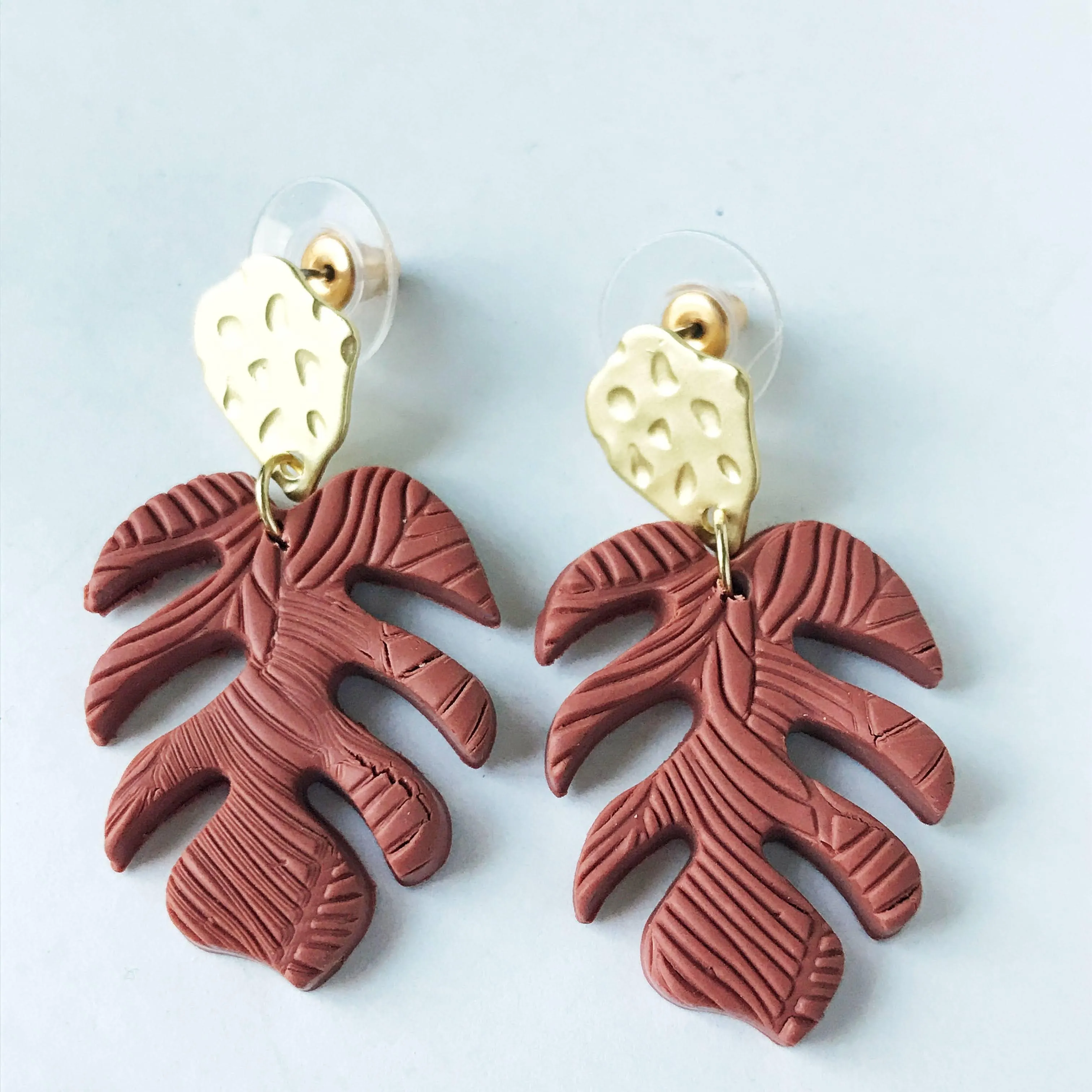 Alani:: Textured Tropical Monstera Leaf Polymer Clay Earrings w/Brass Post