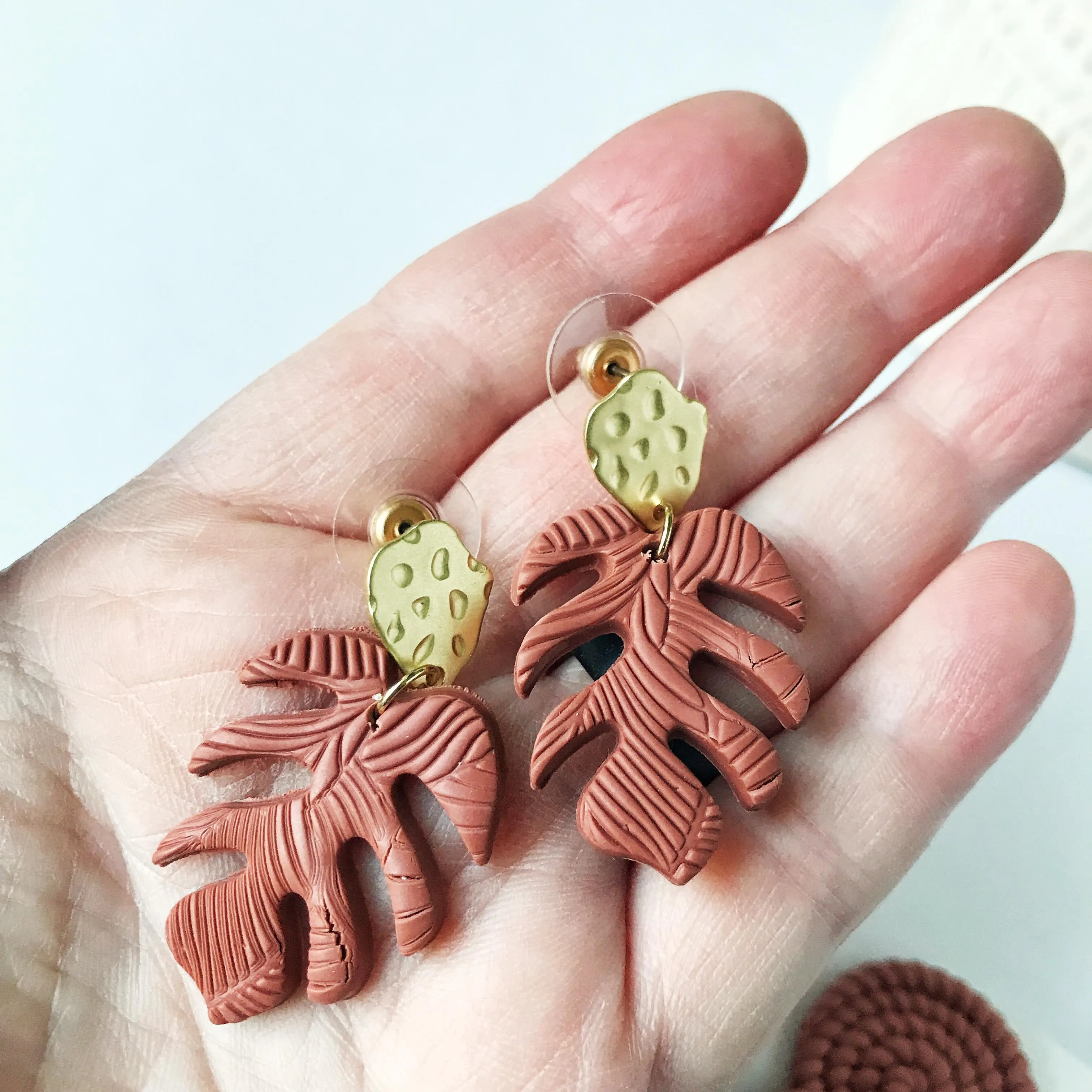 Alani:: Textured Tropical Monstera Leaf Polymer Clay Earrings w/Brass Post