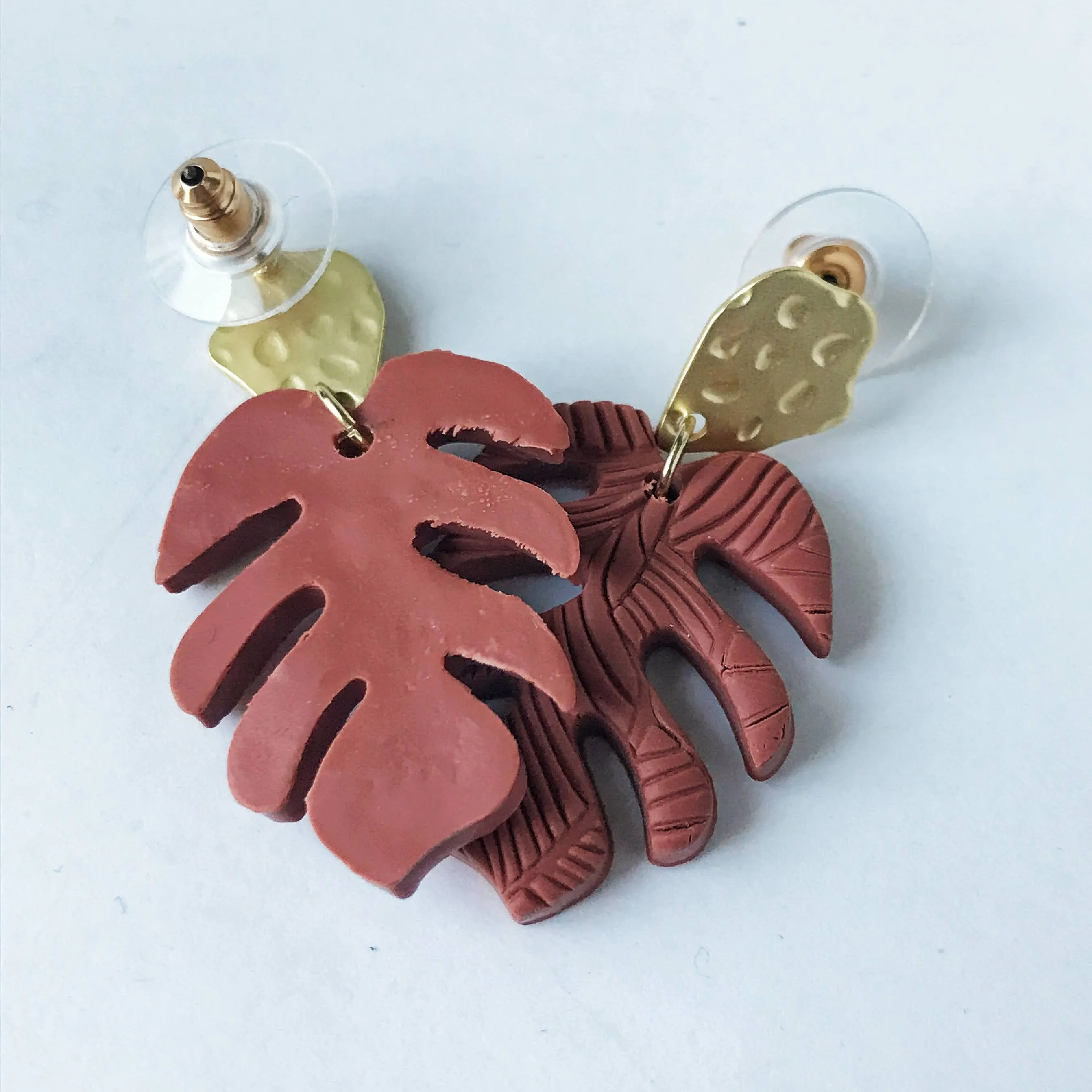 Alani:: Textured Tropical Monstera Leaf Polymer Clay Earrings w/Brass Post