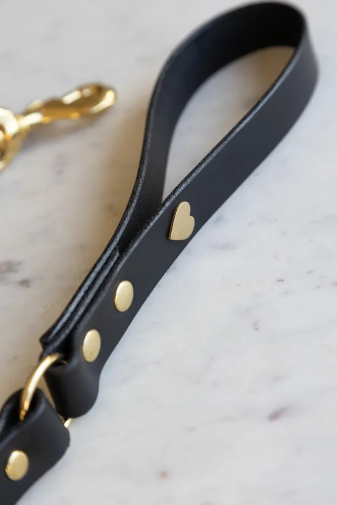 Black Leather Dog Lead With Hearts