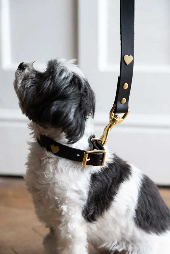 Black Leather Dog Lead With Hearts