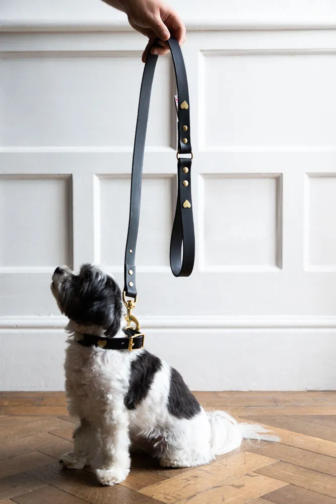 Black Leather Dog Lead With Hearts