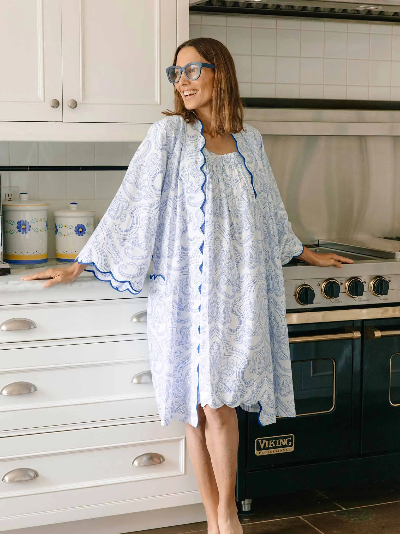 Blue Paisley Bundle: Short Kimono Robe   Cap Sleeve Short Nightgown