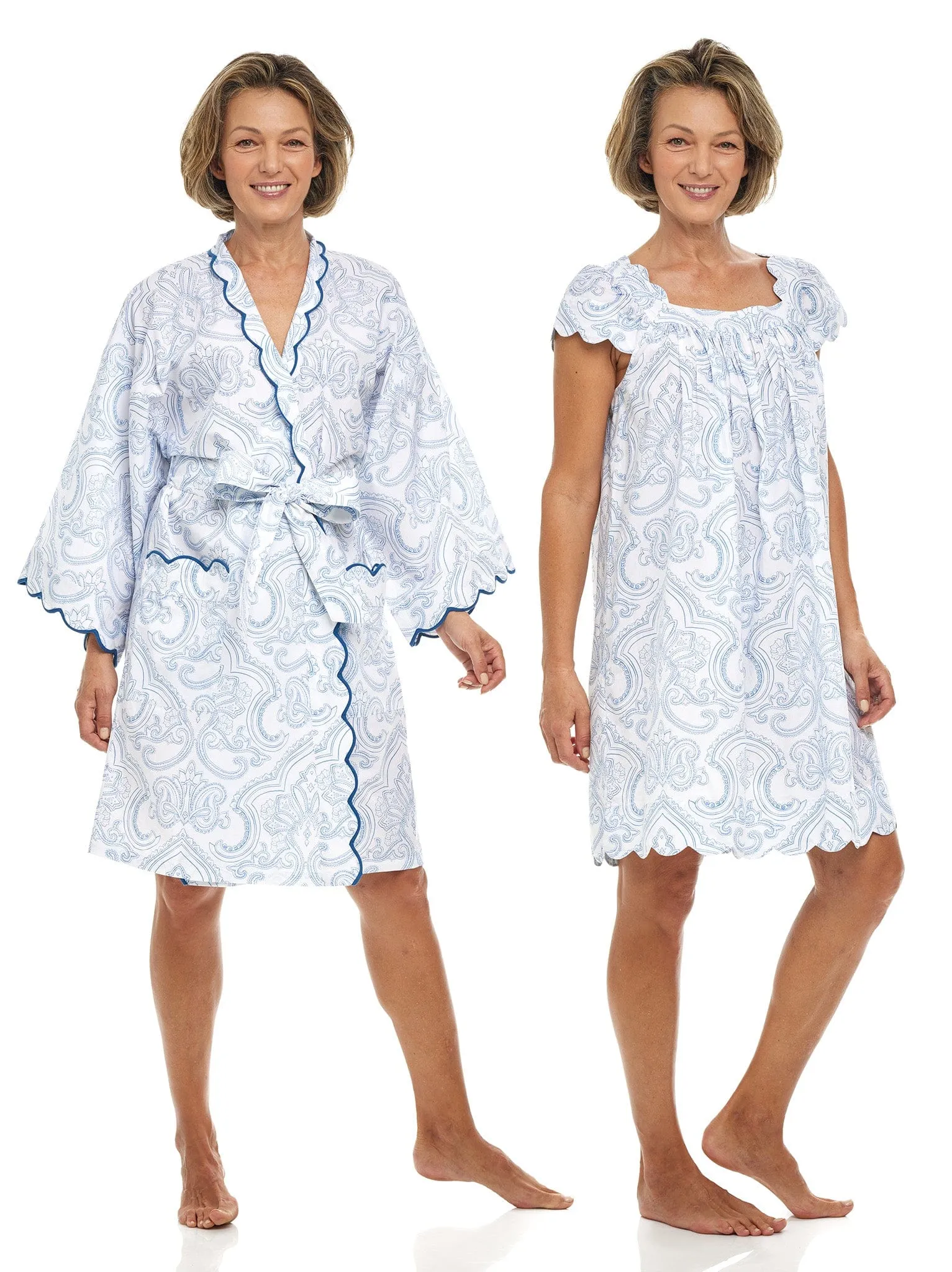 Blue Paisley Bundle: Short Kimono Robe   Cap Sleeve Short Nightgown