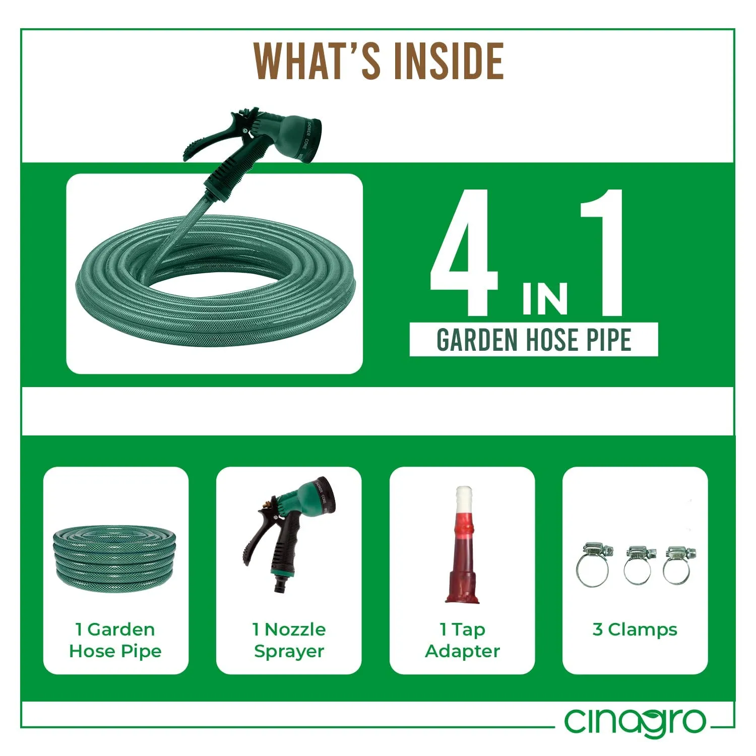 CINAGRO™ - Heavy Duty 3 Layered Braided Water Hose Pipe (Size : 1/2 inch - Lenght : 10 Meters) with 8 Mode Sprayer Nozzle, Garden, Car Wash, Floor Clean, Pet Bath, Easy to Connect