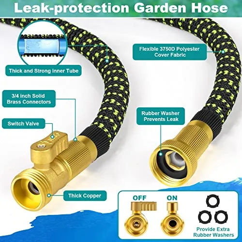 Expandable 100ft Garden Hose Flexible Fittings 10 Function Nozzle Green Black