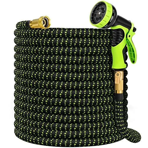 Expandable 100ft Garden Hose Flexible Fittings 10 Function Nozzle Green Black