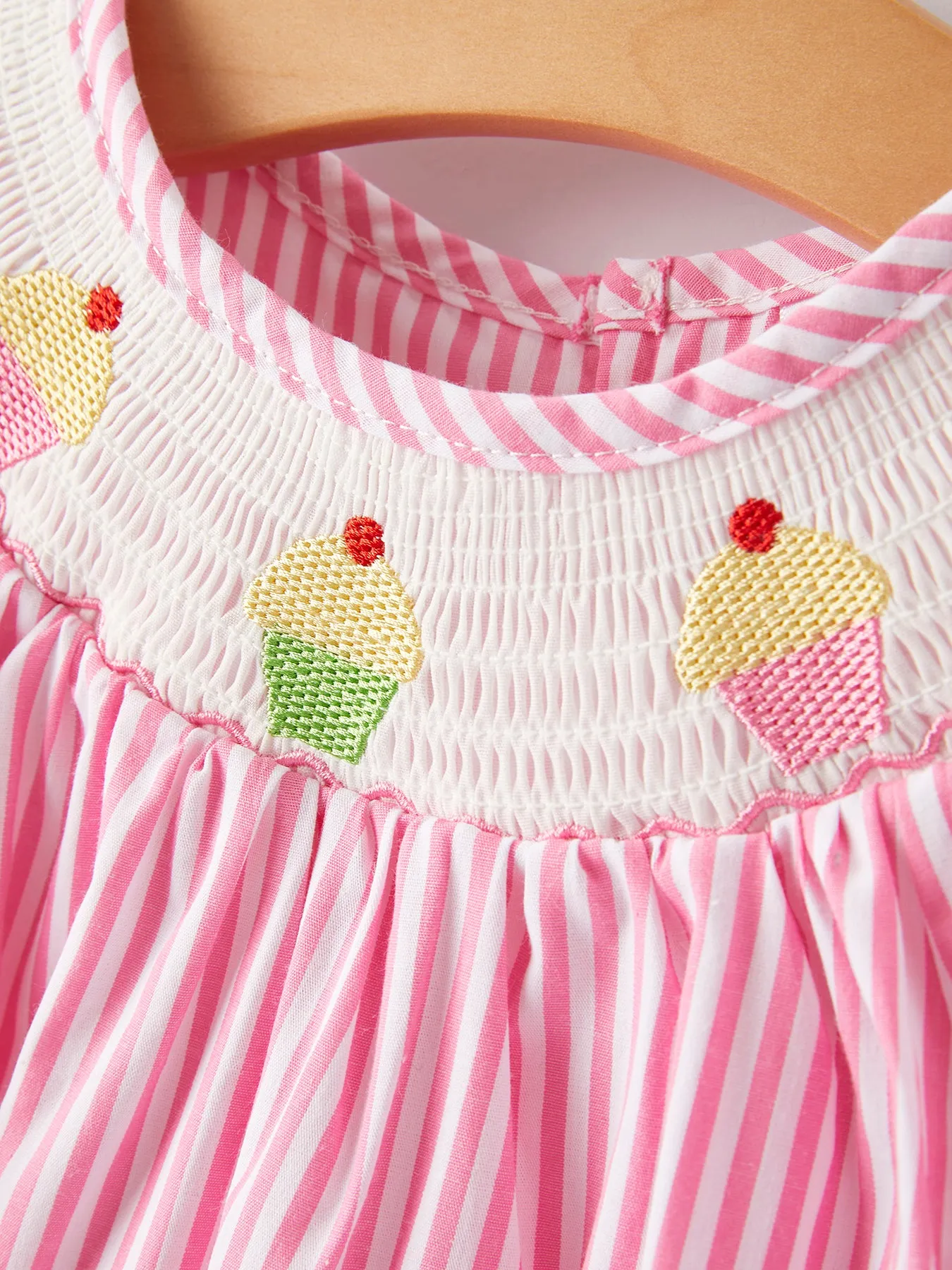 Girls Striped Smocking Embroidered Pink Dress