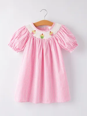 Girls Striped Smocking Embroidered Pink Dress