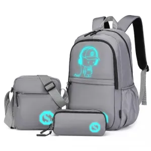 Kono Lightweight & Glow-in-the-Dark 3-Piece Laptop Backpack Set - Grey | Stylish & Practical