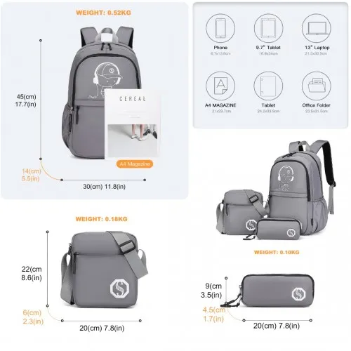 Kono Lightweight & Glow-in-the-Dark 3-Piece Laptop Backpack Set - Grey | Stylish & Practical