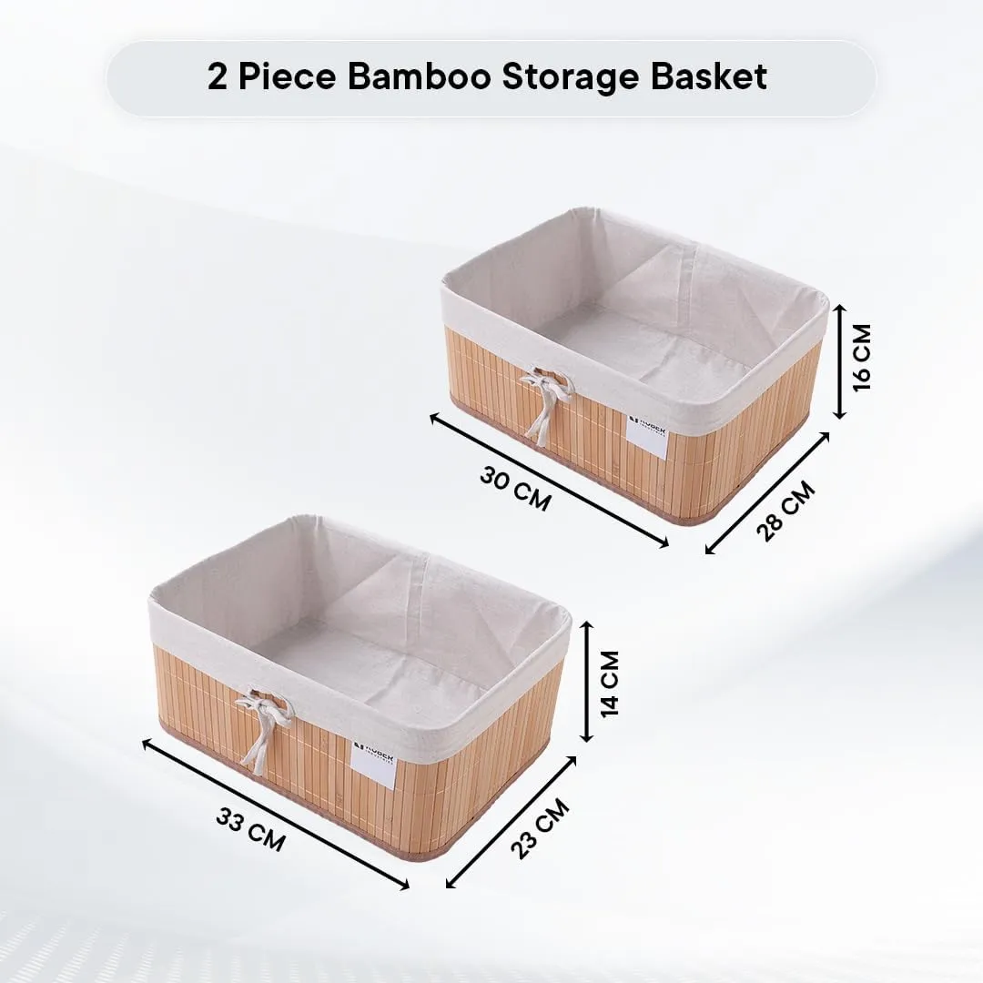 Kuber Industries Pack of 10 Bamboo Storage Basket With Liner|Fodable Storage Organizer|Box For Cloth, Toiletry, Bathroom|Capacity 17L, 10.6L|Natural|