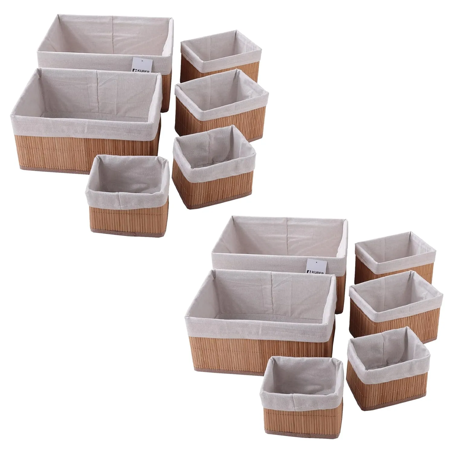 Kuber Industries Pack of 12 Bamboo Storage Basket With Liner|Fodable Storage Organizer|Box For Cloth, Toiletry, Bathroom|Capacity 14.9L, 10.5L, 3.5L, 1.9L|Natural|