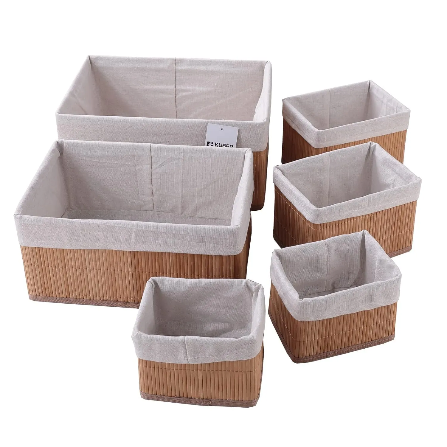 Kuber Industries Pack of 12 Bamboo Storage Basket With Liner|Fodable Storage Organizer|Box For Cloth, Toiletry, Bathroom|Capacity 14.9L, 10.5L, 3.5L, 1.9L|Natural|