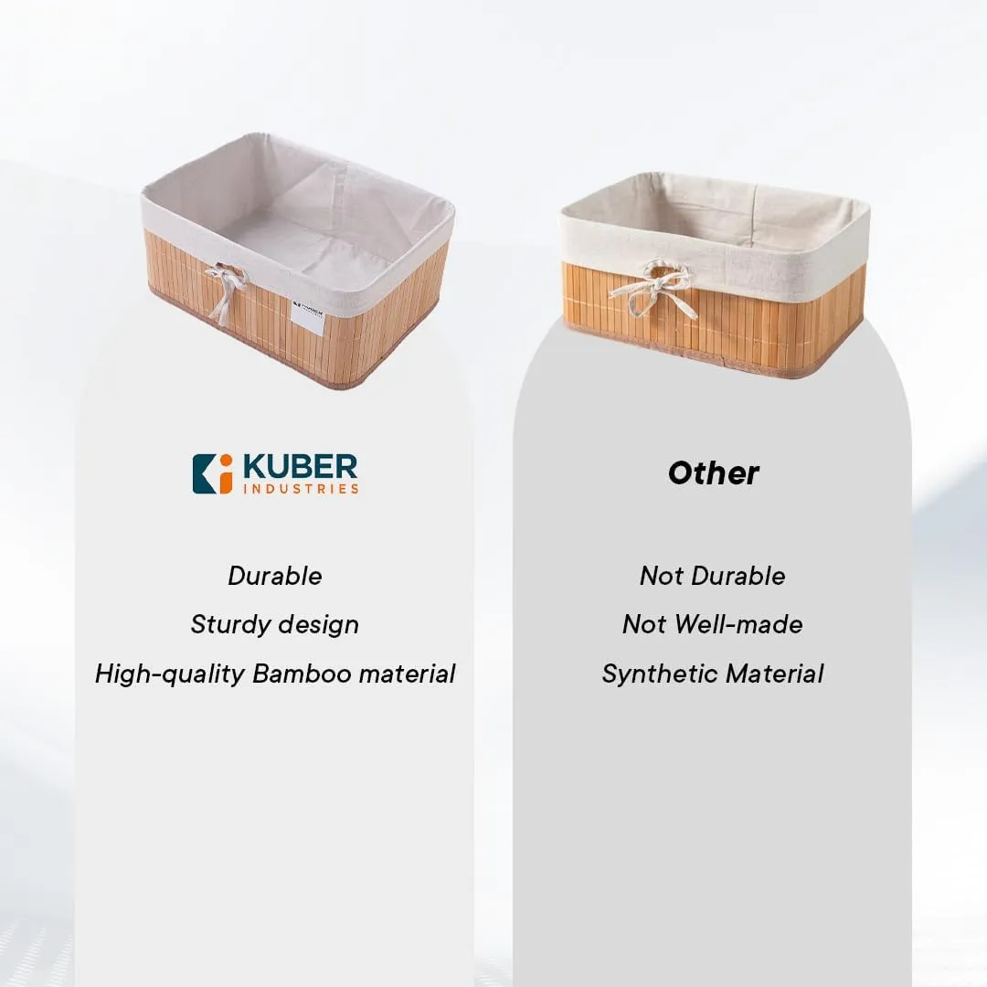 Kuber Industries Pack of 12 Bamboo Storage Basket With Liner|Fodable Storage Organizer|Box For Cloth, Toiletry, Bathroom|Capacity 17L, 10.6L|Natural|