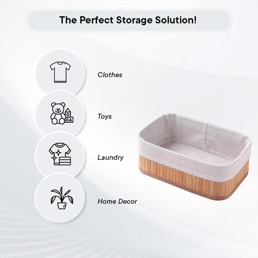 Kuber Industries Pack of 15 Bamboo Storage Basket With Liner|Fodable Storage Organizer|Box For Cloth, Toiletry, Bathroom|Capacity 7L, 4.8L, 2.8L|Natural|