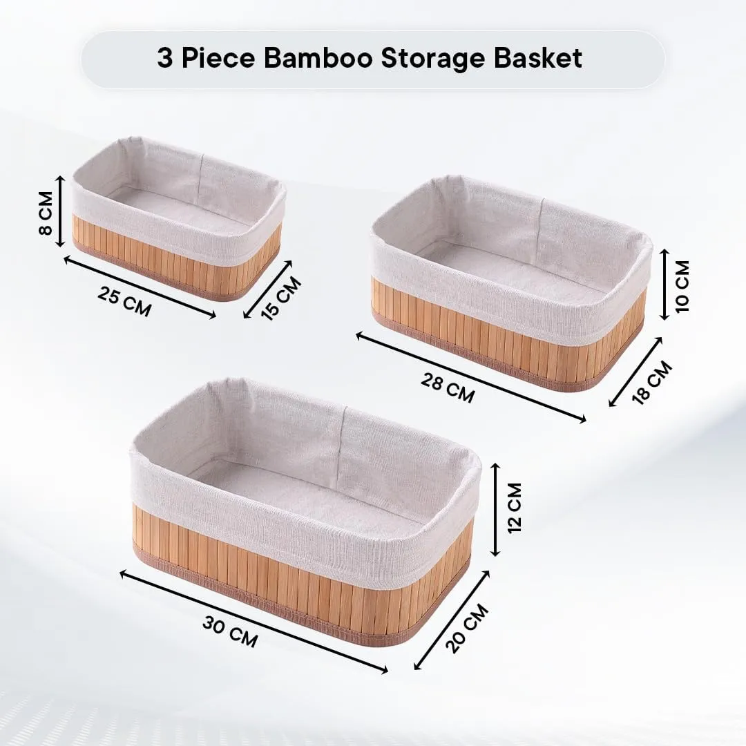 Kuber Industries Pack of 15 Bamboo Storage Basket With Liner|Fodable Storage Organizer|Box For Cloth, Toiletry, Bathroom|Capacity 7L, 4.8L, 2.8L|Natural|