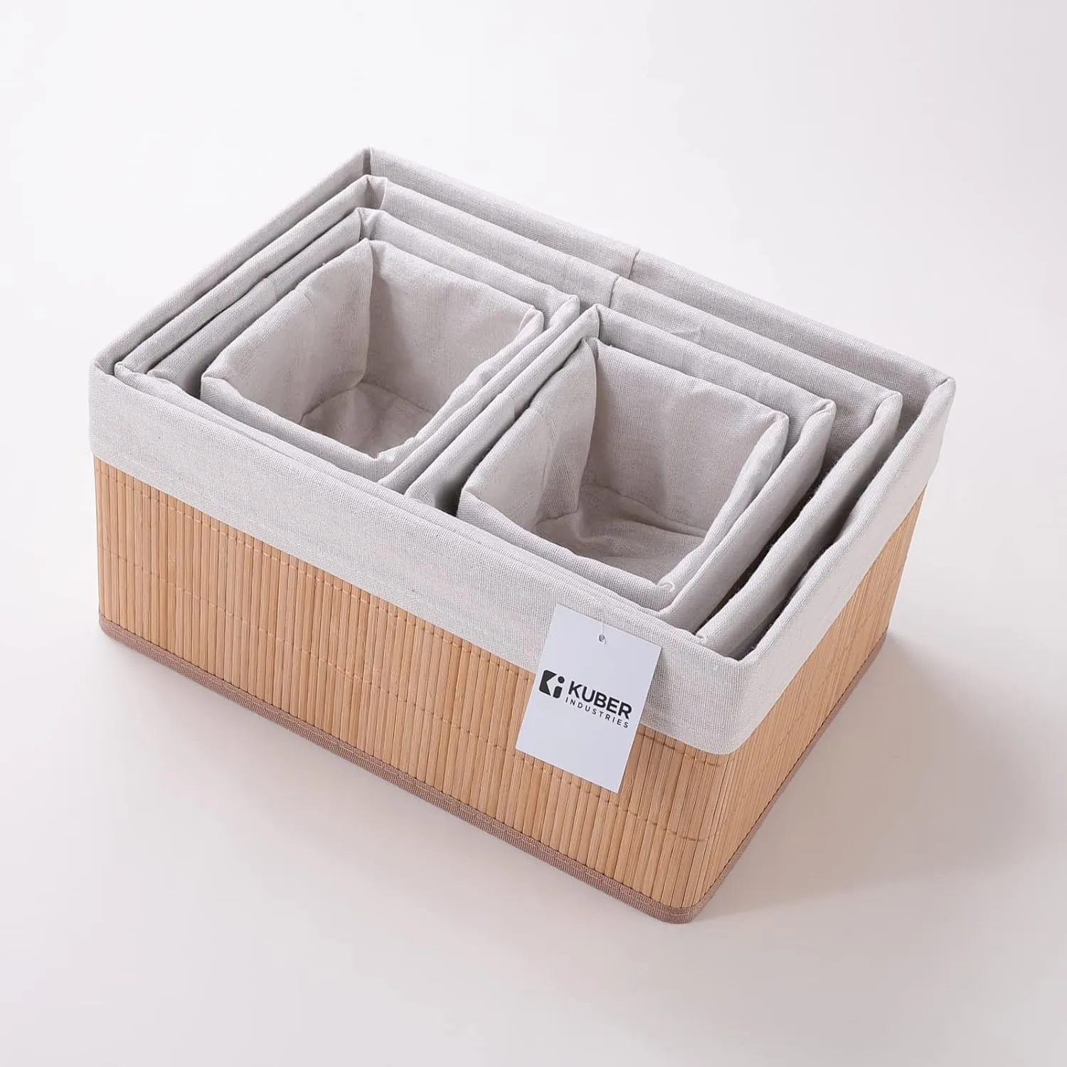 Kuber Industries Pack of 30 Bamboo Storage Basket With Liner|Fodable Storage Organizer|Box For Cloth, Toiletry, Bathroom|Capacity 14.9L, 10.5L, 3.5L, 1.9L|Natural|