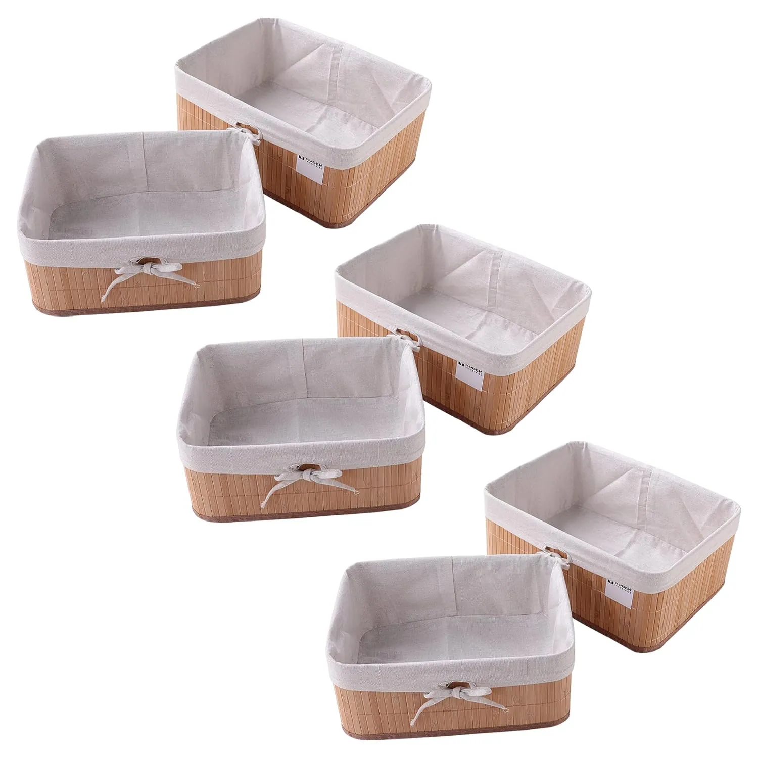 Kuber Industries Pack of 6 Bamboo Storage Basket With Liner|Fodable Storage Organizer|Box For Cloth, Toiletry, Bathroom|Capacity 17L, 10.6L|Natural|