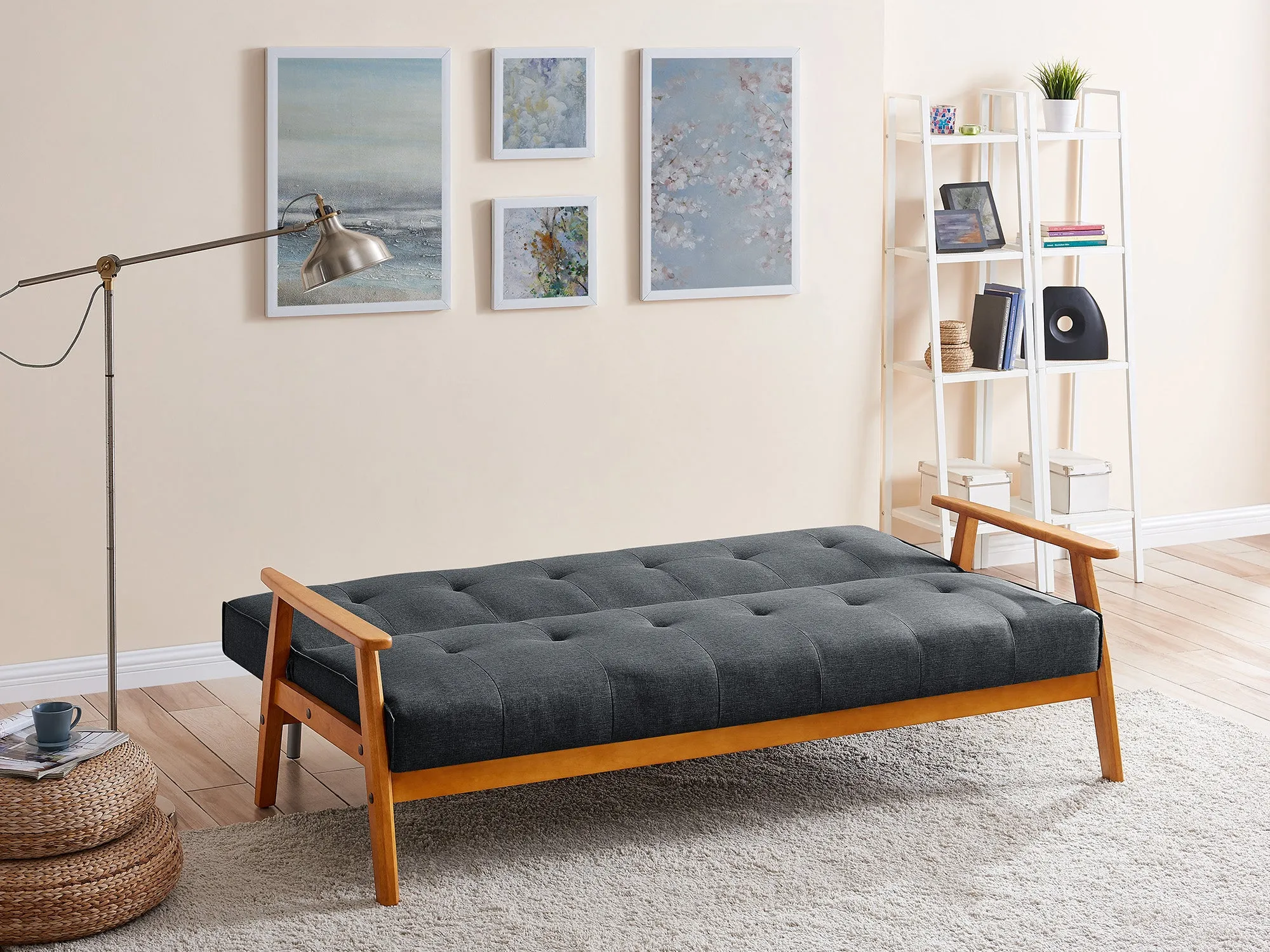 Langford Fabric Sofa Bed With Dark Wooden Frame, Charcoal fabric