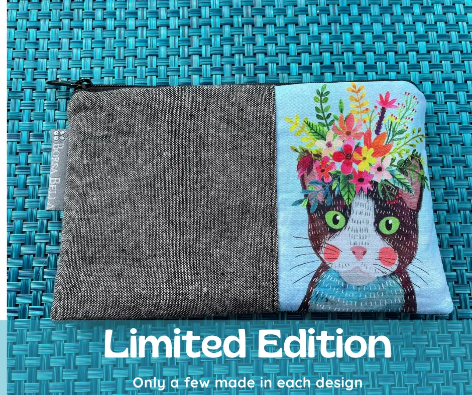 Limited Edition Catch All Zippered Pouch - Black and White Cat Blue Background