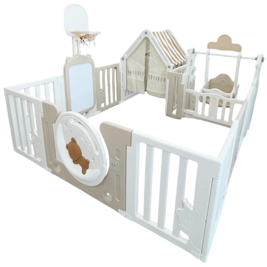 Little Toddlers Bear Moon Playpen with Basketball Hoop & Playhouse - 150x180x64 cm