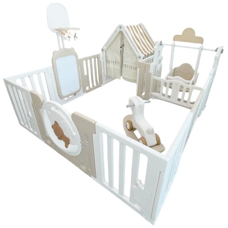 Little Toddlers Bear Moon Playpen with Basketball Hoop & Playhouse & Swing - 150x180x64 cm