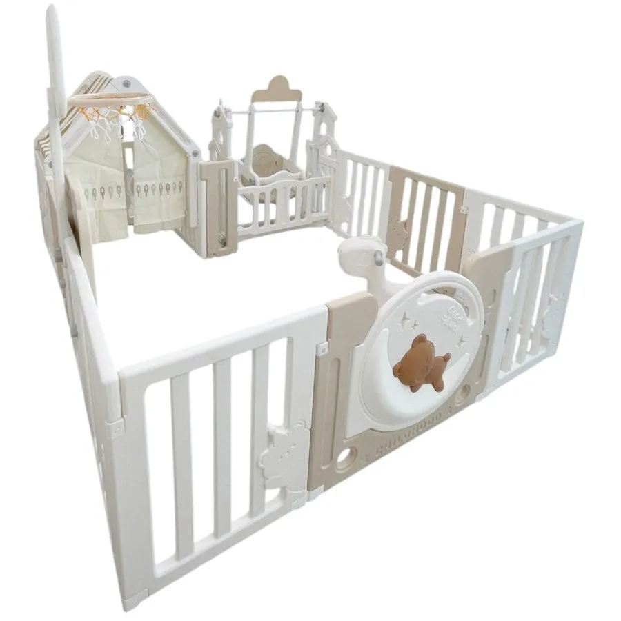 Little Toddlers Bear Moon Playpen with Basketball Hoop & Playhouse & Swing - 150x180x64 cm