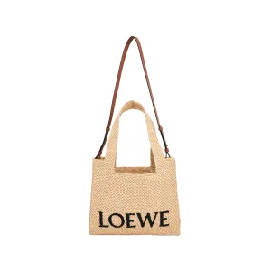 Medium Logo Font Tote Bag in Raffia and Calfskin in Natural