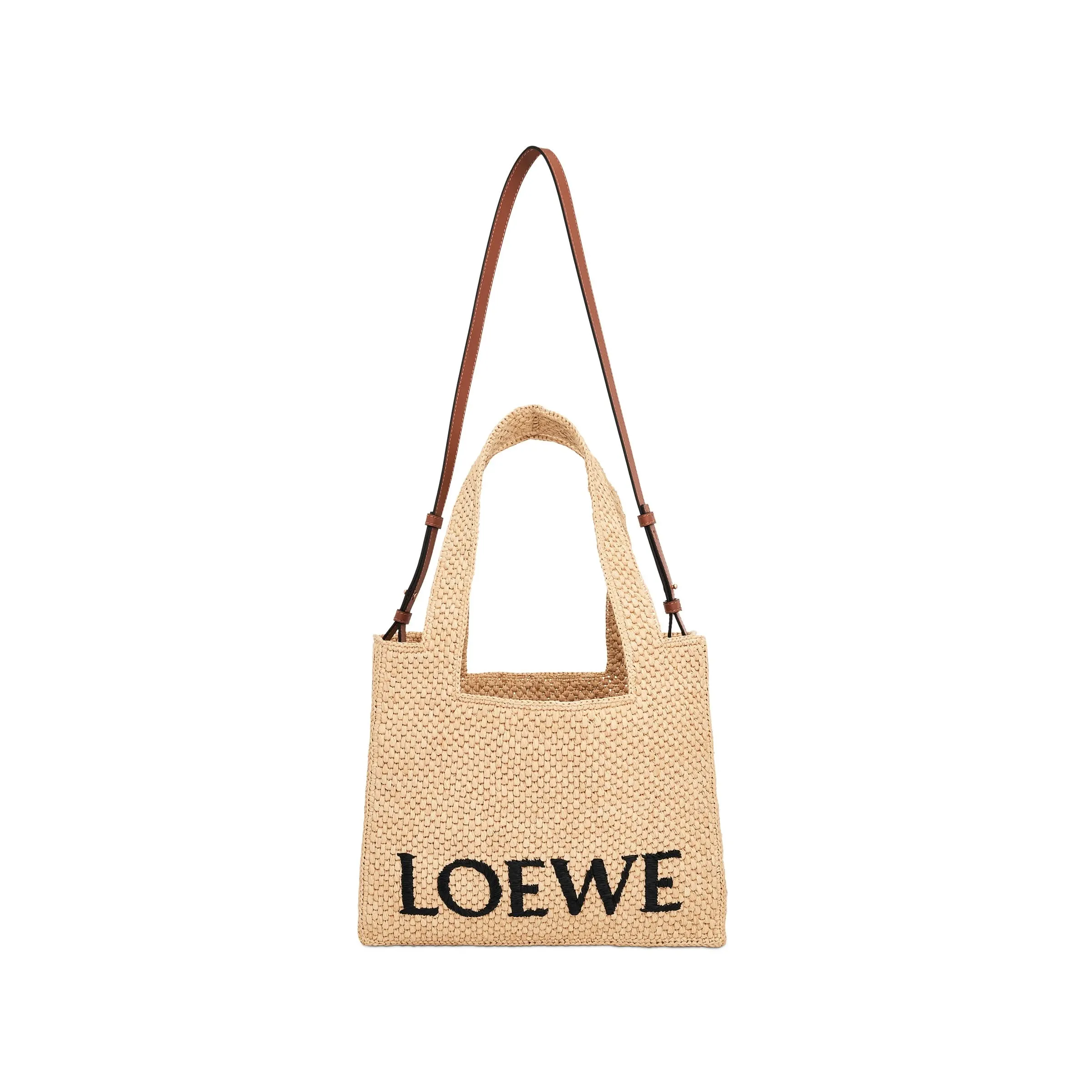 Medium Logo Font Tote Bag in Raffia and Calfskin in Natural