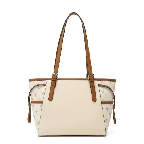 Miss Lulu Elegant Monogram Tote Bag - Beige & Brown | Premium PU Leather & PVC | Spacious & Chic Women's Handbag