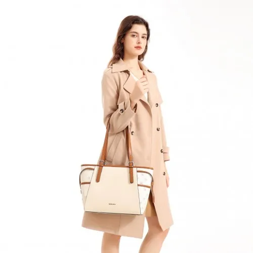 Miss Lulu Elegant Monogram Tote Bag - Beige & Brown | Premium PU Leather & PVC | Spacious & Chic Women's Handbag