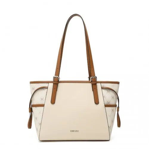 Miss Lulu Elegant Monogram Tote Bag - Beige & Brown | Premium PU Leather & PVC | Spacious & Chic Women's Handbag