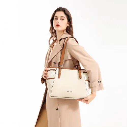 Miss Lulu Elegant Monogram Tote Bag - Beige & Brown | Premium PU Leather & PVC | Spacious & Chic Women's Handbag