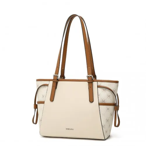 Miss Lulu Elegant Monogram Tote Bag - Beige & Brown | Premium PU Leather & PVC | Spacious & Chic Women's Handbag