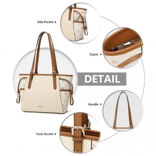 Miss Lulu Elegant Monogram Tote Bag - Beige & Brown | Premium PU Leather & PVC | Spacious & Chic Women's Handbag