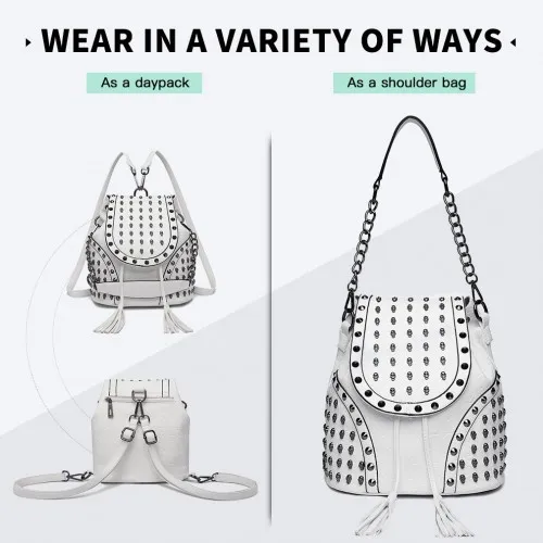 Miss Lulu Skull Studded Backpack Shoulder Bag - Beige | Versatile & Stylish PU Leather Bag