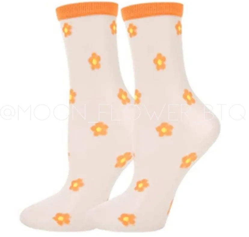 Orange Trendy Summer Floral Mesh Daisy Flower Socks