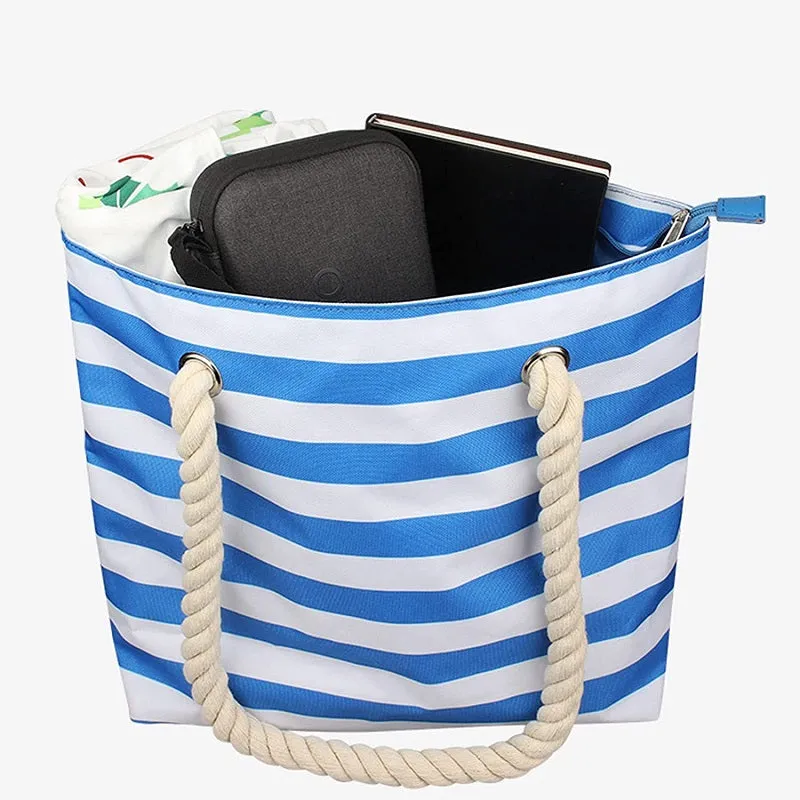 Portable Large Striped Picnic Bag with Hidden Insulated Compartment