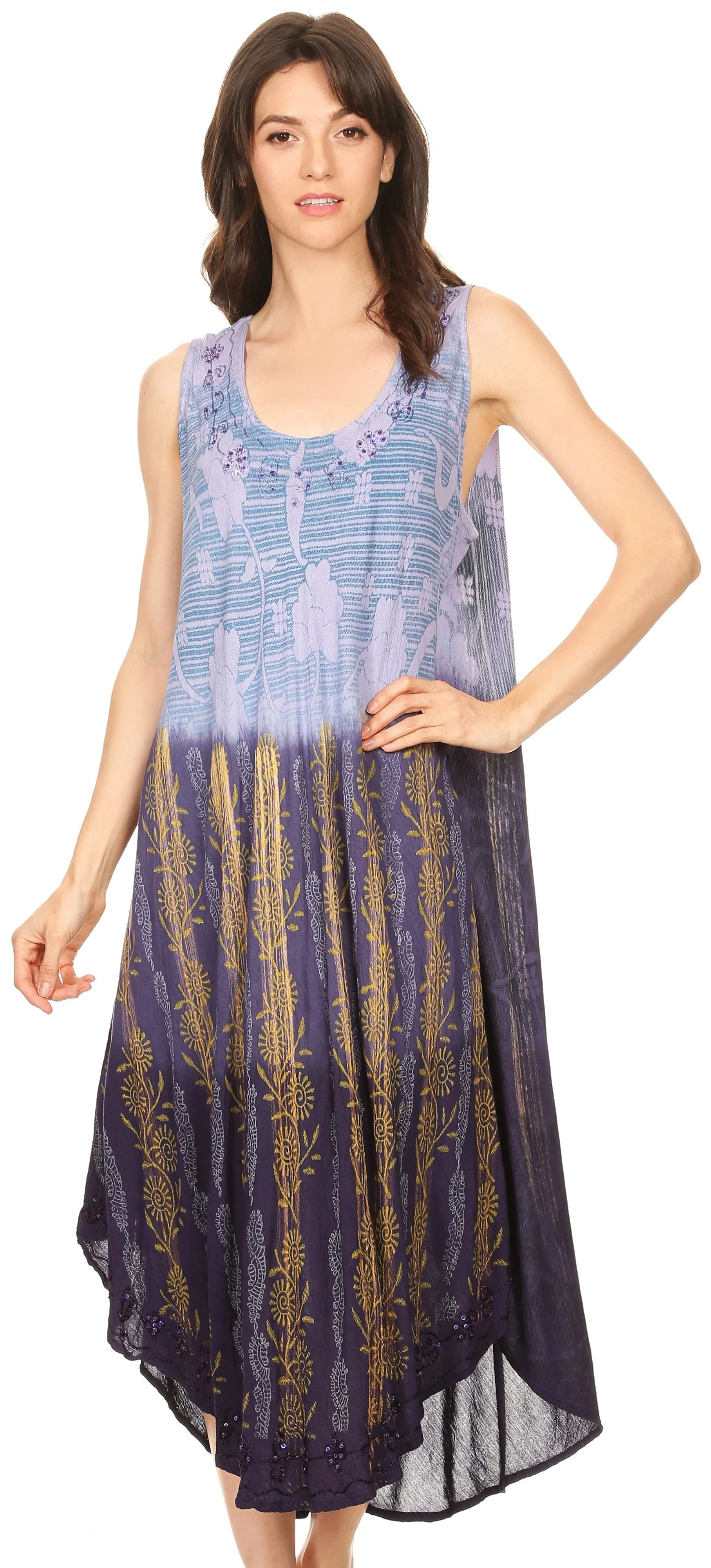 Sakkas Alicia Ombre Vine Print Batik Dress / Cover Up with Sequins and Embroidery