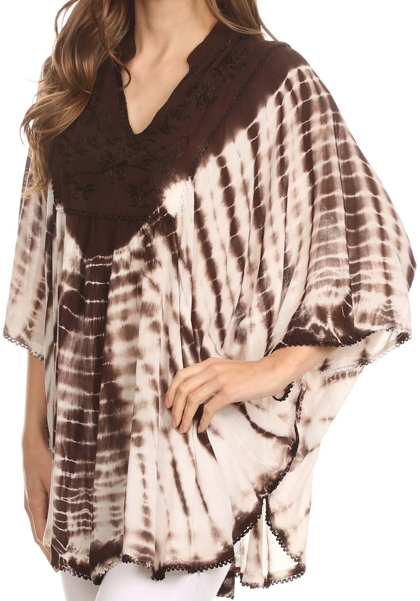 Sakkas Aneko Tie Dye Circle Poncho Blouse Top With Floral Emrbroidery And V Neck