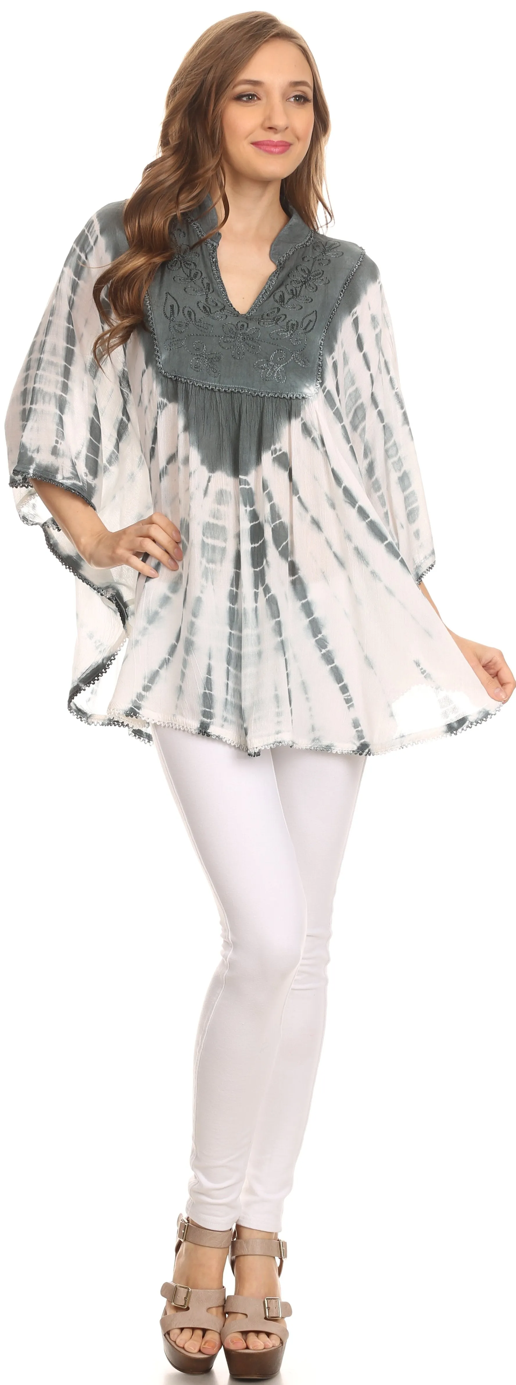 Sakkas Aneko Tie Dye Circle Poncho Blouse Top With Floral Emrbroidery And V Neck